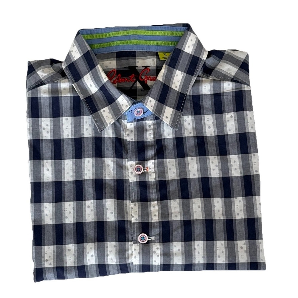 Robert Graham X Shirt Mens L Blue Check Flip Cuff Tailored Fit Button Up